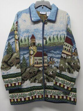 Vintage Blair Nautical Print Tapestry Jacket sz L Lighthouse Christmas Snowman